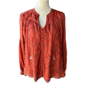Anthropologie Embroidered Buttondown Shirt Women’s S Burnt Orange Embellished